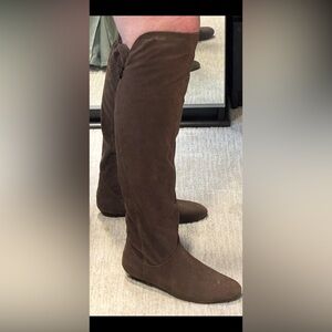 Brown faux suede type knee high low heel boots inside zipper